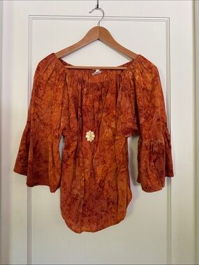 Boho Off-Shoulder Rust Orange Blouse with Bell Sleeves